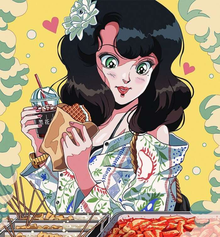 爱美食的色彩少女插画