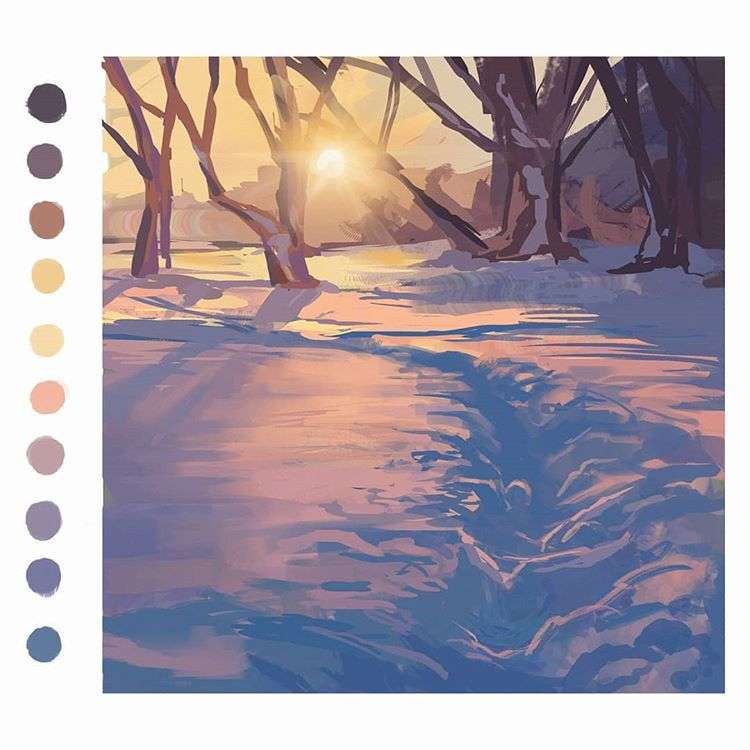 画雪地的日落