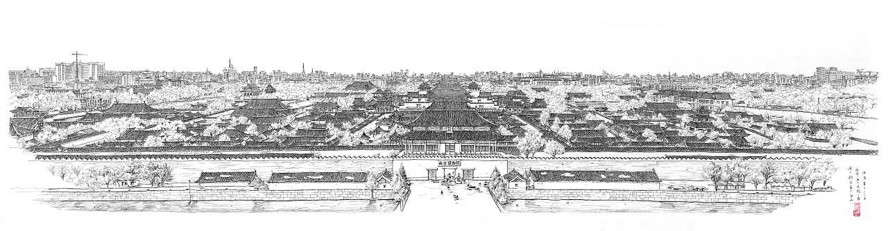 北京故宫全局线条钢笔手绘