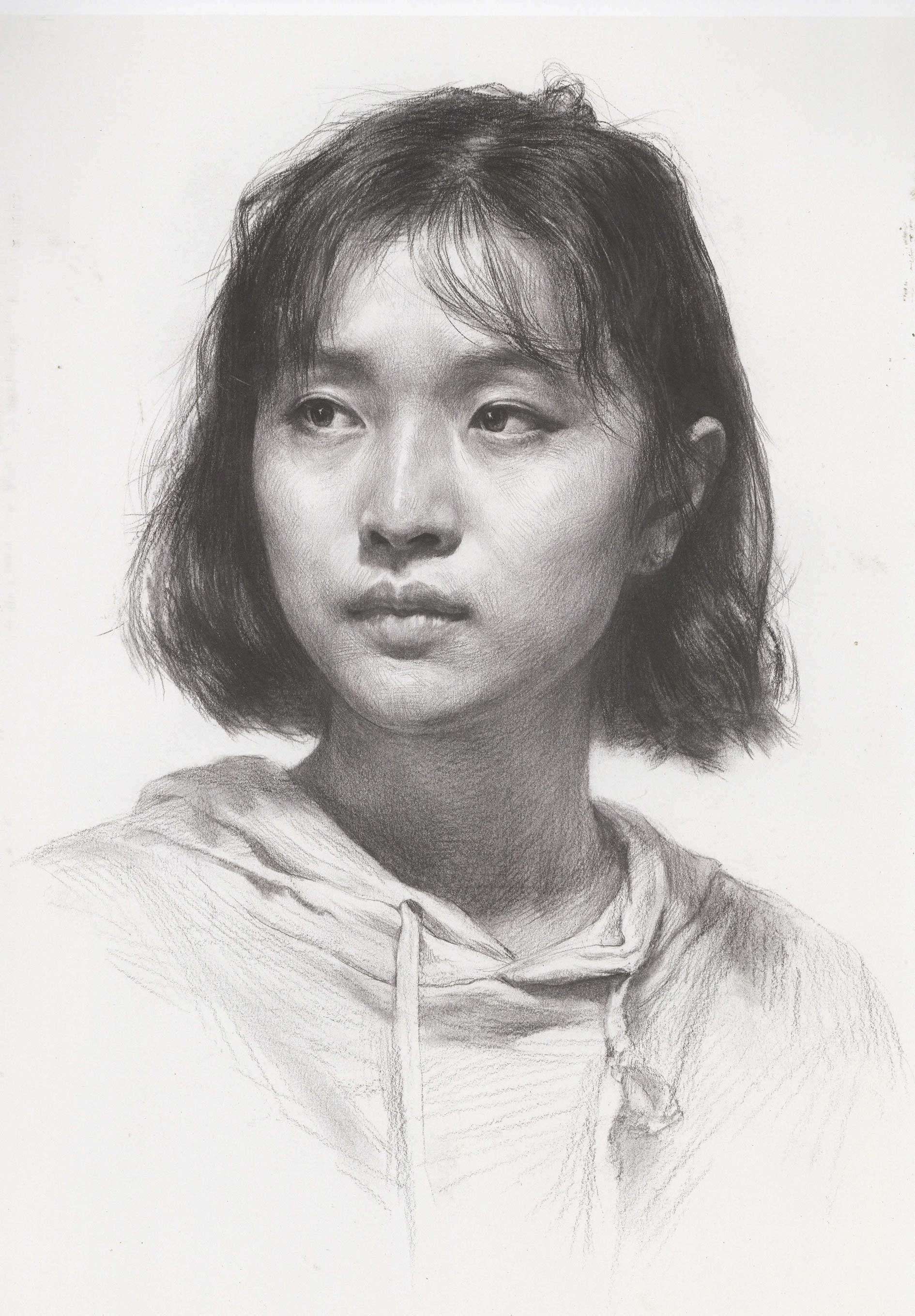 素描女青年头像 案例-普画网