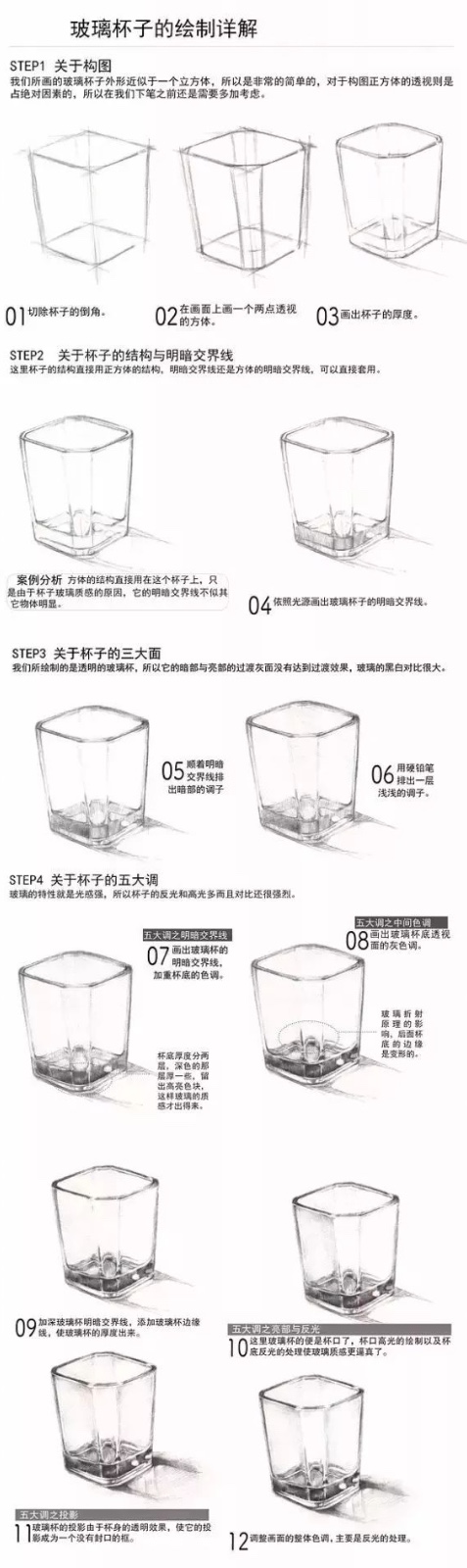 素描四角透明玻璃杯步骤详解