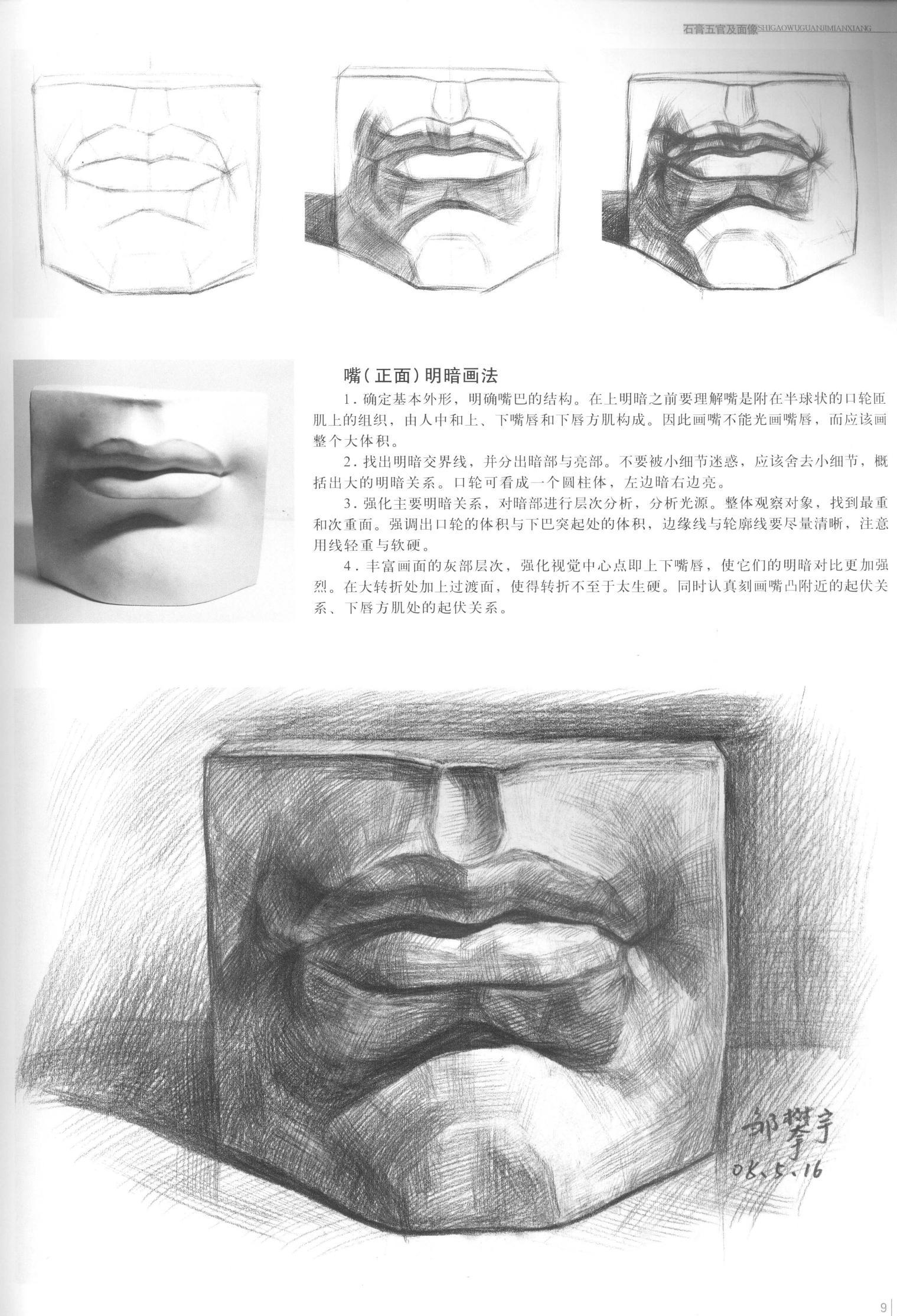 石膏像正面嘴的结构与素描讲解